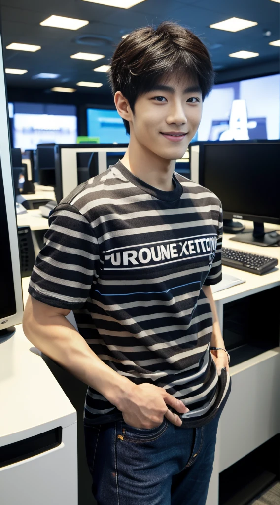 ((realistic daylight)) , Young Korean man in only a black sports shirt, no stripes, and jeans., A handsome, muscular young Asian man looks at the camera.  , In a computer shop ,turn sideways, smile