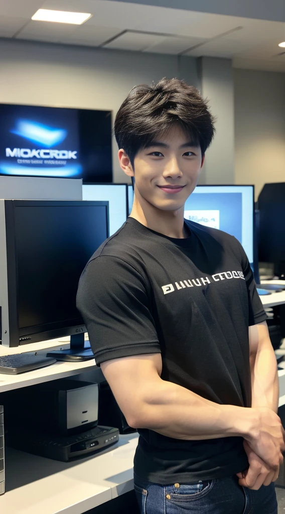 ((realistic daylight)) , Young Korean man in only a black sports shirt, no stripes, and jeans., A handsome, muscular young Asian man looks at the camera. , In a computer shop ,turn sideways, smile