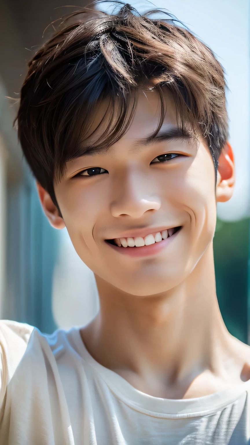Highest quality, masterpiece, Ultra-high resolution, (Realistic: 1.4), Original photo, wallpaper, Head Photo, skin, Simple Background, Iris, detailed, Selfie, 1 boy, 18-year-old, good looking, Wind,smile,