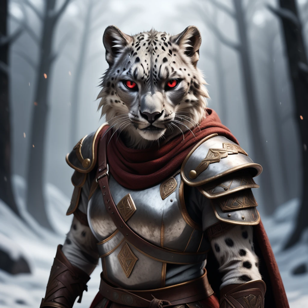 ((angry anthro snow leopard female wearing epic viking armor with runes and a helmet )), (red glowing eyes) ,RAW photo, (epic ice Jotunheim landscape),(fighting ice giant) masterpiece, Nordic, smoke, best quality, dynamic pos, ultra detailed, metal plates, rust, full bodyt, light trail, dramatic lighting, red tone, short_hair, Photorealistic, Hyperrealistic, Hyperdetailed, analog style,soft lighting, subsurface scattering, realistic, heavy shadow, masterpiece, best quality, ultra realistic, 8k, High Detail, film photography, soft focus, (closeup to face), high quality photography, 3 point lighting, flash with softbox, 4k, Canon EOS R3, hdr, smooth, sharp focus, high resolution, award winning photo, 80mm, f2.8, bokeh , detailed, realistic, 8k uhd, high quality