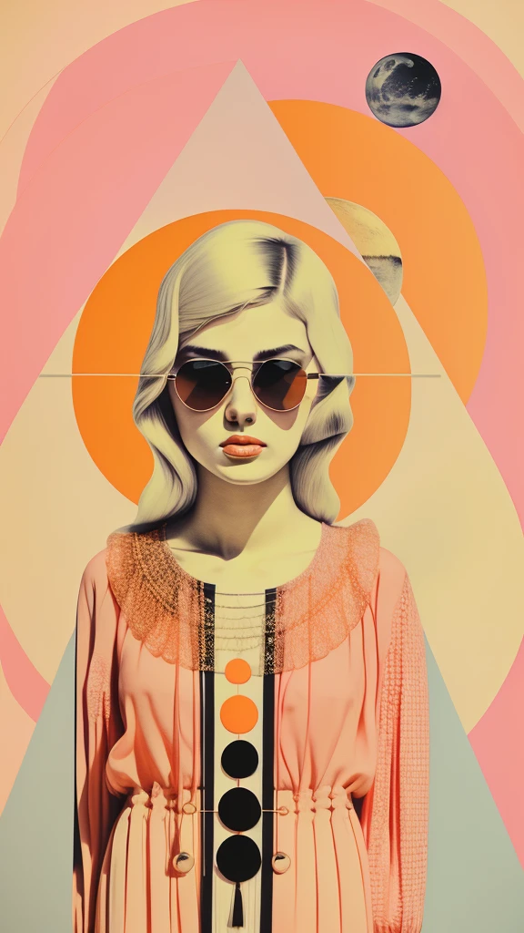 There is a triangle and a crescent moon above his head.、Blonde European woman wearing sunglasses on a pink background with orange circles