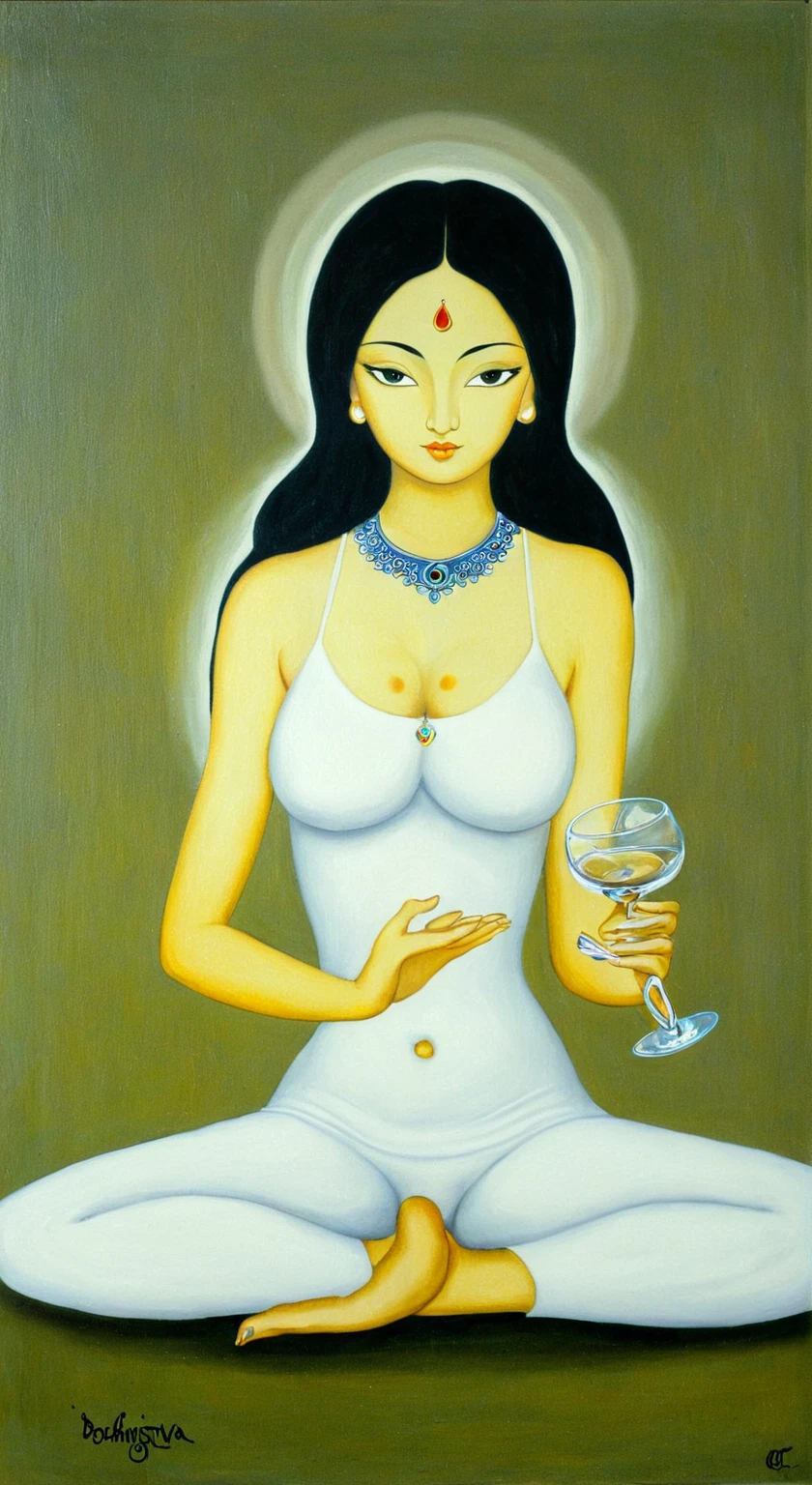 Painting of an angel sitting in a lotus position., Goddess of love and peace, bodhisattva, , queen , meditate , Gray eyes ,black hair , holding a glass