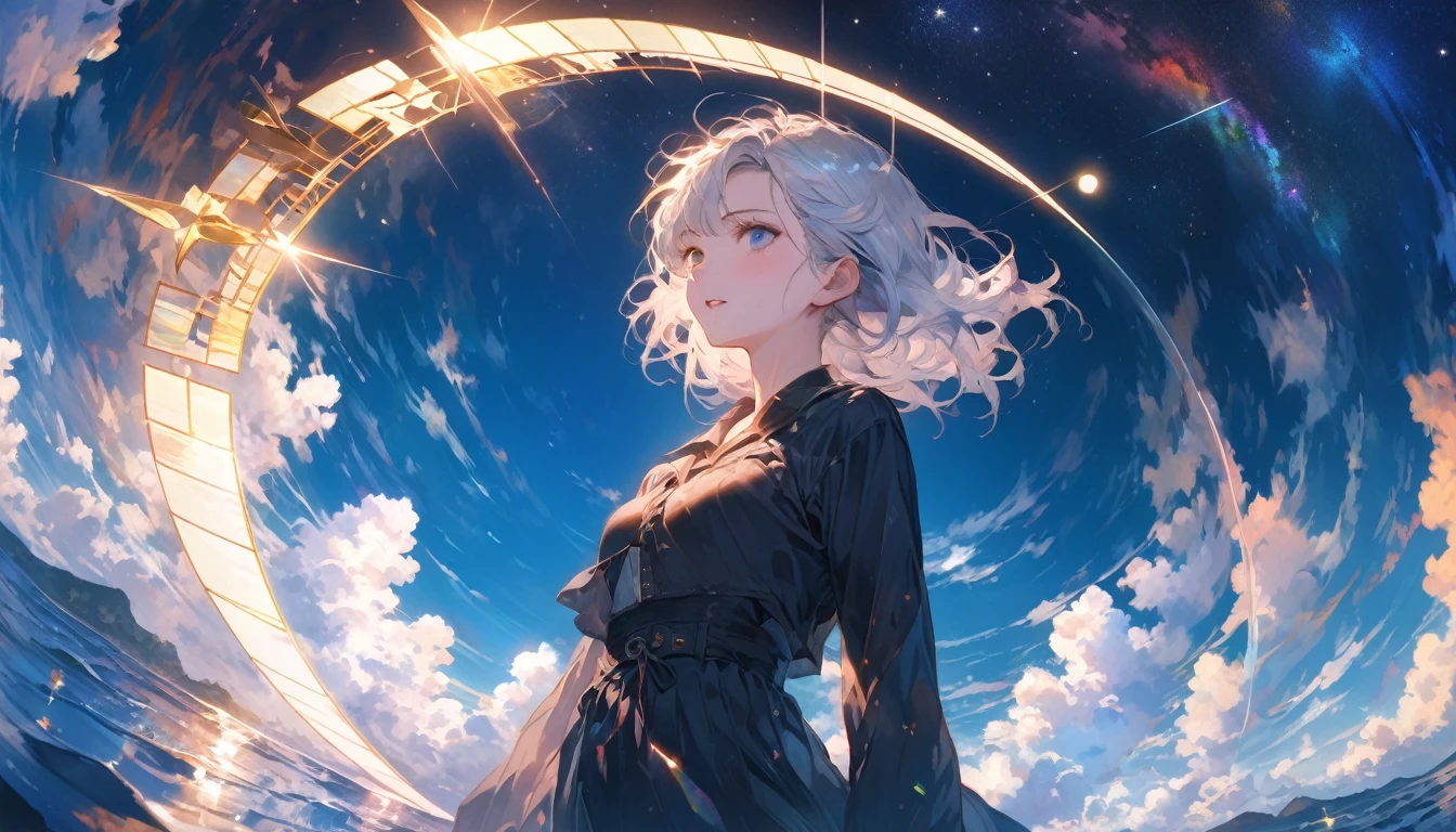 Starry Sky, After the Rain, horizon , In the sky,Lens flare, colorful,(Her short silver hair sways, Pale skin, Lack of eye sparkle) Look up at the sky, Beautiful sky, There is an ocean,White Street,The scenery is beautiful, 広いLook up at the sky, I see the wind blowing and shining, In the skyは正午の月と正午の星がある,From below, break ,quality(8k,非常に精細なCGユニットのwallpaper, masterpiece,High resolution,top-quality,top-quality real texture skin,Surreal,Increase the resolution,RAW Photos,最高quality,Very detailed,wallpaper,Cinema Lighting,Ray Tracing,Golden Ratio),Have a long-term perspective