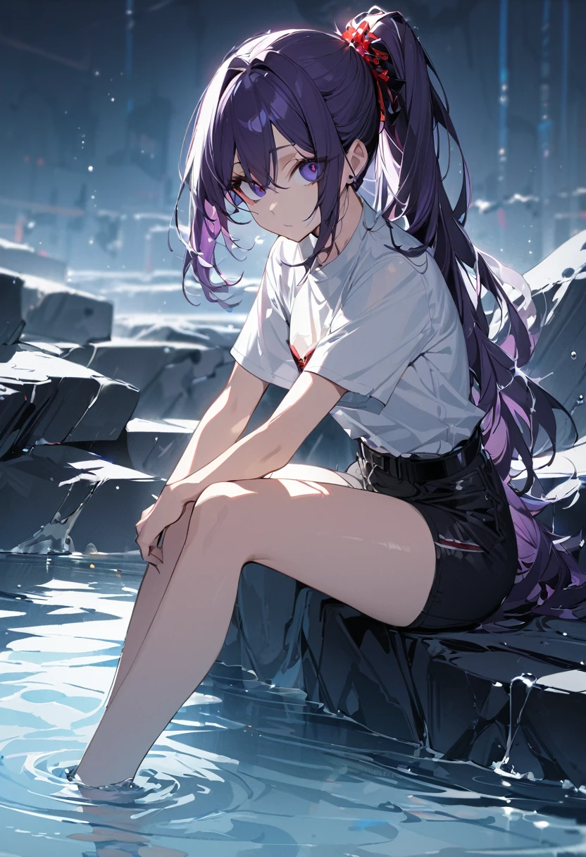 One girl, top quality, masterpiece, expressionless, beautiful, big eyes, dark purple hair, ponytail, red jewelry on shorts, black belt, sitting, water