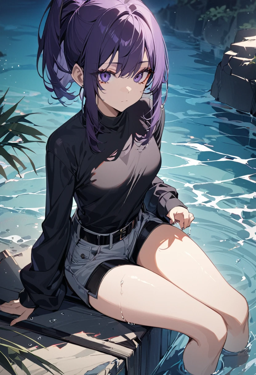 One girl, top quality, masterpiece, expressionless, beautiful, big eyes, dark purple hair, ponytail, red jewelry on shorts, black belt, sitting, water