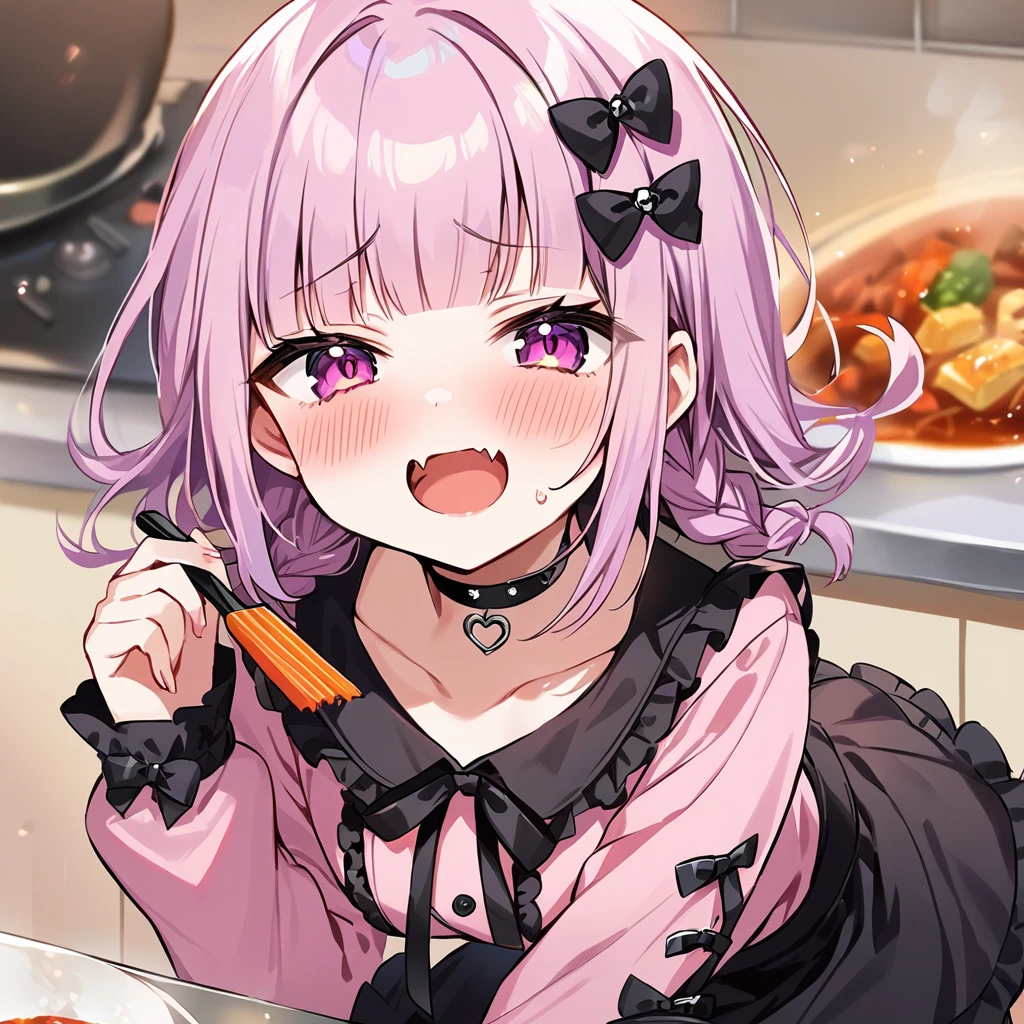 Top quality, masterpiece,a girl and a female,
, peal purple and blunt bangs hair, twin braids, eyes closed, mouth wide open and screaming, blushing, smilng,fangs,(a girl with closs hair pin,
pink shirt,cosplay, jirai kei, bangs, black skirt, black bow, looking at viewer, bow, long sleeves, choker, ribbon,:1.4),A girl stir-frying food in the kitchen with a frying pan in hand,