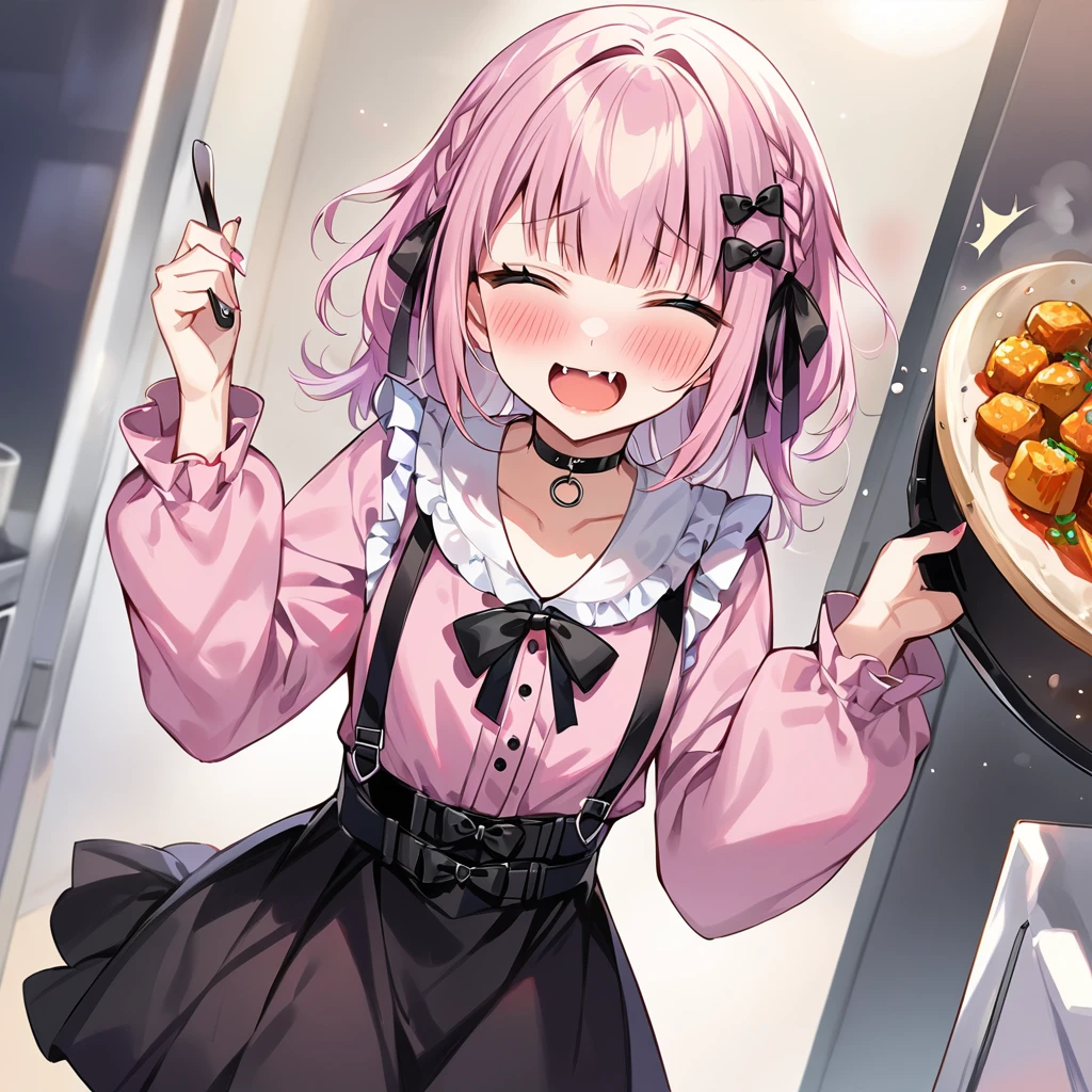 Top quality, masterpiece,a girl and a female,
, peal purple and blunt bangs hair, twin braids, eyes closed, mouth wide open and screaming, blushing, smilng,fangs,(a girl with closs hair pin,
pink shirt,cosplay, jirai kei, bangs, black skirt, black bow, looking at viewer, bow, long sleeves, choker, ribbon,:1.4),A girl stir-frying food in the kitchen with a frying pan in hand,