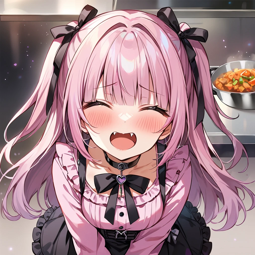 Top quality, masterpiece,a girl and a female,
, peal purple and blunt bangs hair, twin braids, eyes closed, mouth wide open and screaming, blushing, smilng,fangs,(a girl with closs hair pin,
pink shirt,cosplay, jirai kei, bangs, black skirt, black bow, looking at viewer, bow, long sleeves, choker, ribbon,:1.4),A girl stir-frying food in the kitchen with a frying pan in hand,