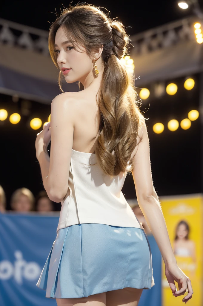 (((best quality))),(((ultra detailed))),(((masterpiece))),illustration,((a beautiful girl,solo)),(shoulder length straight hair:1.2),((slim,thin)),((strapless,shoulder off,bare back,towering hips,butt crack)),(white shirt:1.5),(blue mini-skirt:1.3),(slender legs:1.2),(sneakers:1.3),(standing:1.3),(on the stage:1.3),((outside a shopping mall, at the entrance of a beer promotional event)),((surrounded by crowded crowds)),((hair and skirt fluttering in the air)),expressive eyes,infectious smile,the stage adorned with colorful decorations,vibrant atmosphere,(night scene:1.3),(from back:1.3),(upper body:1.3),