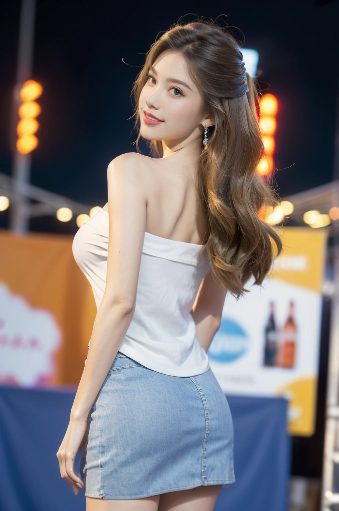 (((best quality))),(((ultra detailed))),(((masterpiece))),illustration,((a beautiful girl,solo)),(shoulder length straight hair:1.2),((slim,thin)),((strapless,shoulder off,bare back,towering hips,butt crack)),(white shirt:1.5),(blue mini-skirt:1.3),(slender legs:1.2),(sneakers:1.3),(standing:1.3),(on the stage:1.3),((outside a shopping mall, at the entrance of a beer promotional event)),((surrounded by crowded crowds)),((hair and skirt fluttering in the air)),expressive eyes,infectious smile,the stage adorned with colorful decorations,vibrant atmosphere,(night scene:1.3),(from back:1.3),(upper body:1.3),