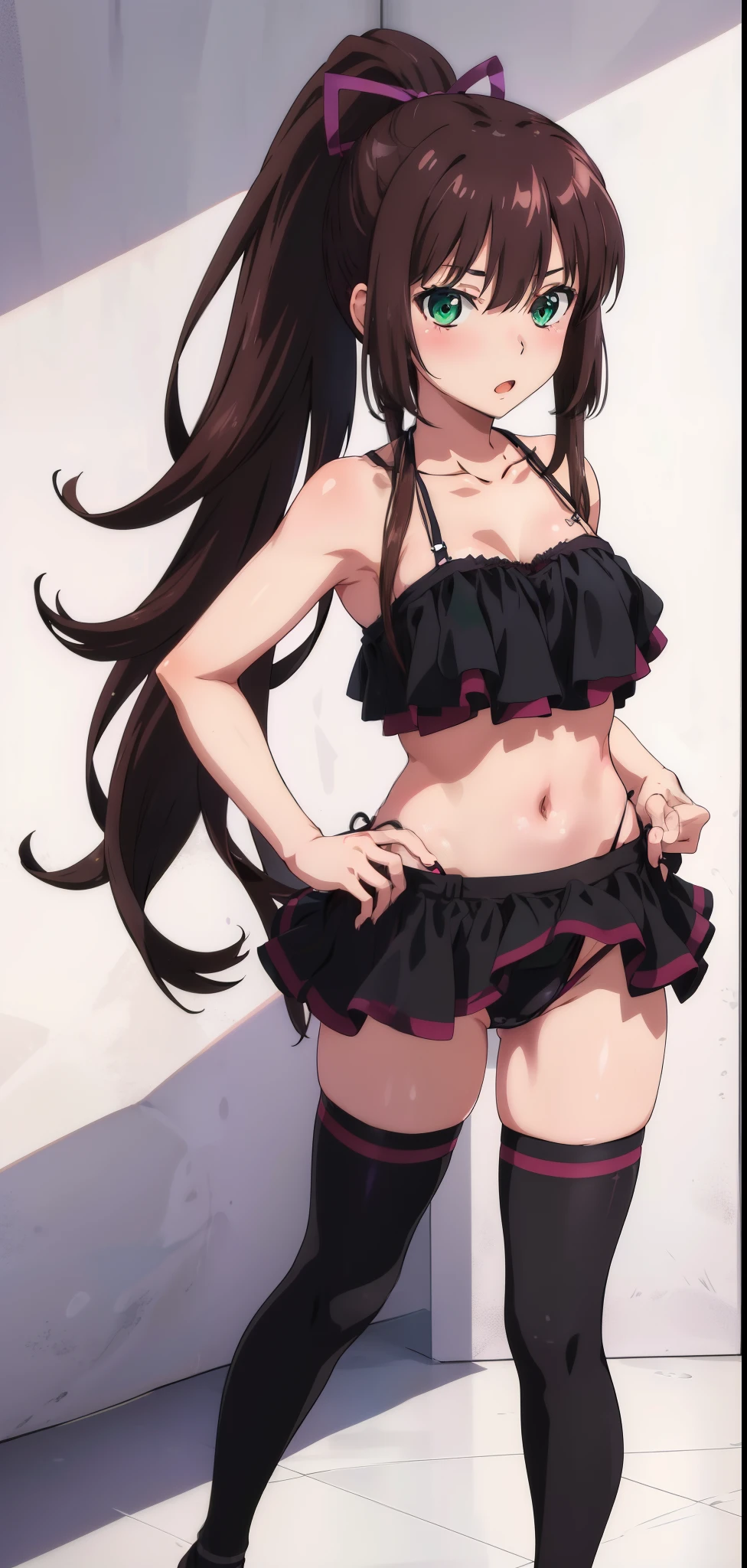 masterpiece, best quality,1girl,solo,kirasaka sayaka,brown hair,long hair,ponytail, hair ribbon, green eyes,,purple thighhighs, wariza, (bikini).