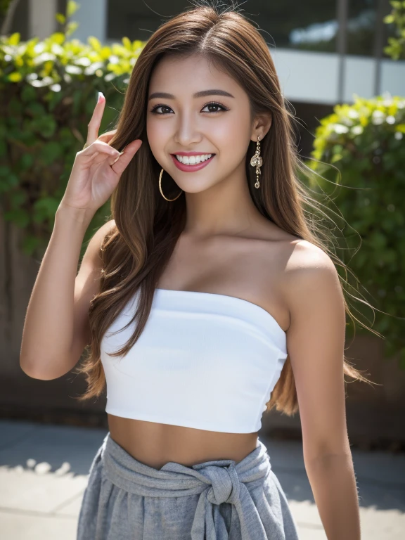 (Highest quality,10,10,High resolution,masterpiece:1.2),Super detailed,Realistic:1.37,Professional,One 19-year-old girl with long hair, Flowing hair and a metallic grey strapless shirt, And wear a sarong., Symmetrical shape,The fingers are beautifully proportioned..,Vibrant colors,Bokeh,Studio Light,Portraiture, 1 Girl、smile