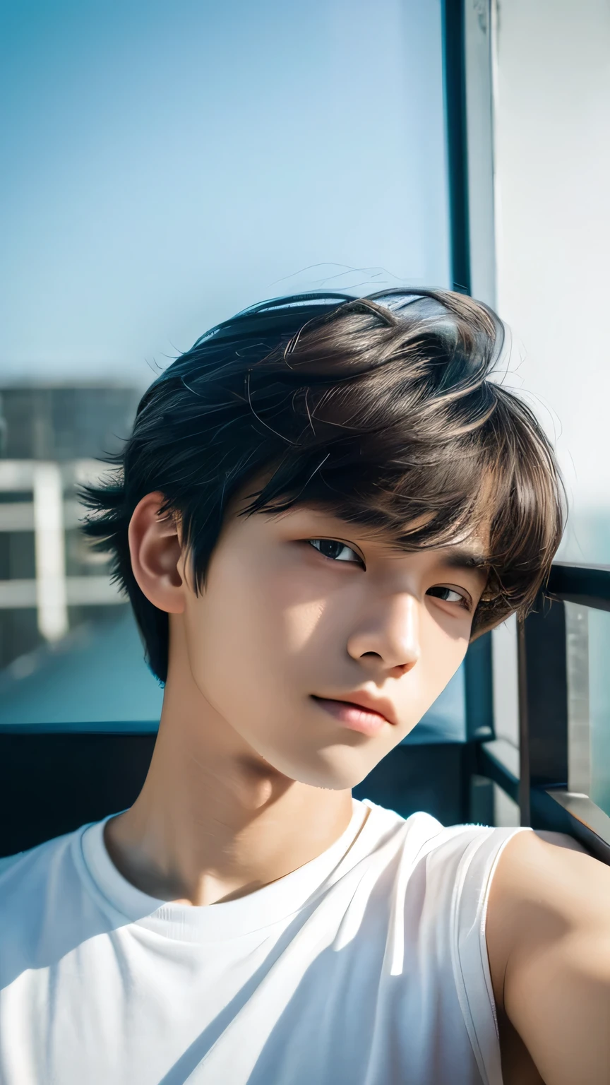 Highest quality, masterpiece, Ultra-high resolution, (Realistic: 1.4), Original photo, wallpaper, Head Photo, skin, Simple Background, Iris, detailed, Selfie, 1 boy, 18-year-old, good looking, Wind,Yuuhi,