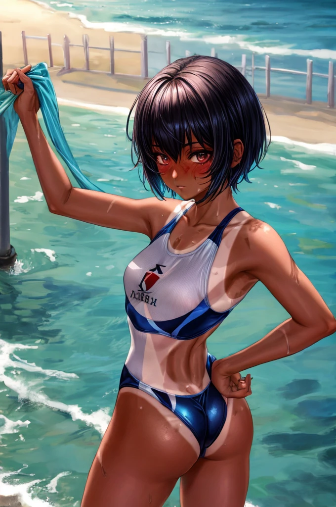 8k, high quality, ultra quality, ultra detailed, Absurd, BREAK 1人の女の子, 18_ years_ old, tomboy, BREAK (muscle:0.5), (Black Hair, Pixie Cut Tan, Sunburn lines, Dark skinned women, Dark Skin:1.3), (chest, gigantic chest, Perfect hands, perfect fingers:1.2), shiny hair, shiny skin, oily, BREAK (competition swimsuit:1.3), pleased, (1girl standing, cowboy shot:1.2), (contrasted, One hand on hip:1.2), outside, beach, evening, (ass pov), (from above, high angle, looking ahead:1.2),