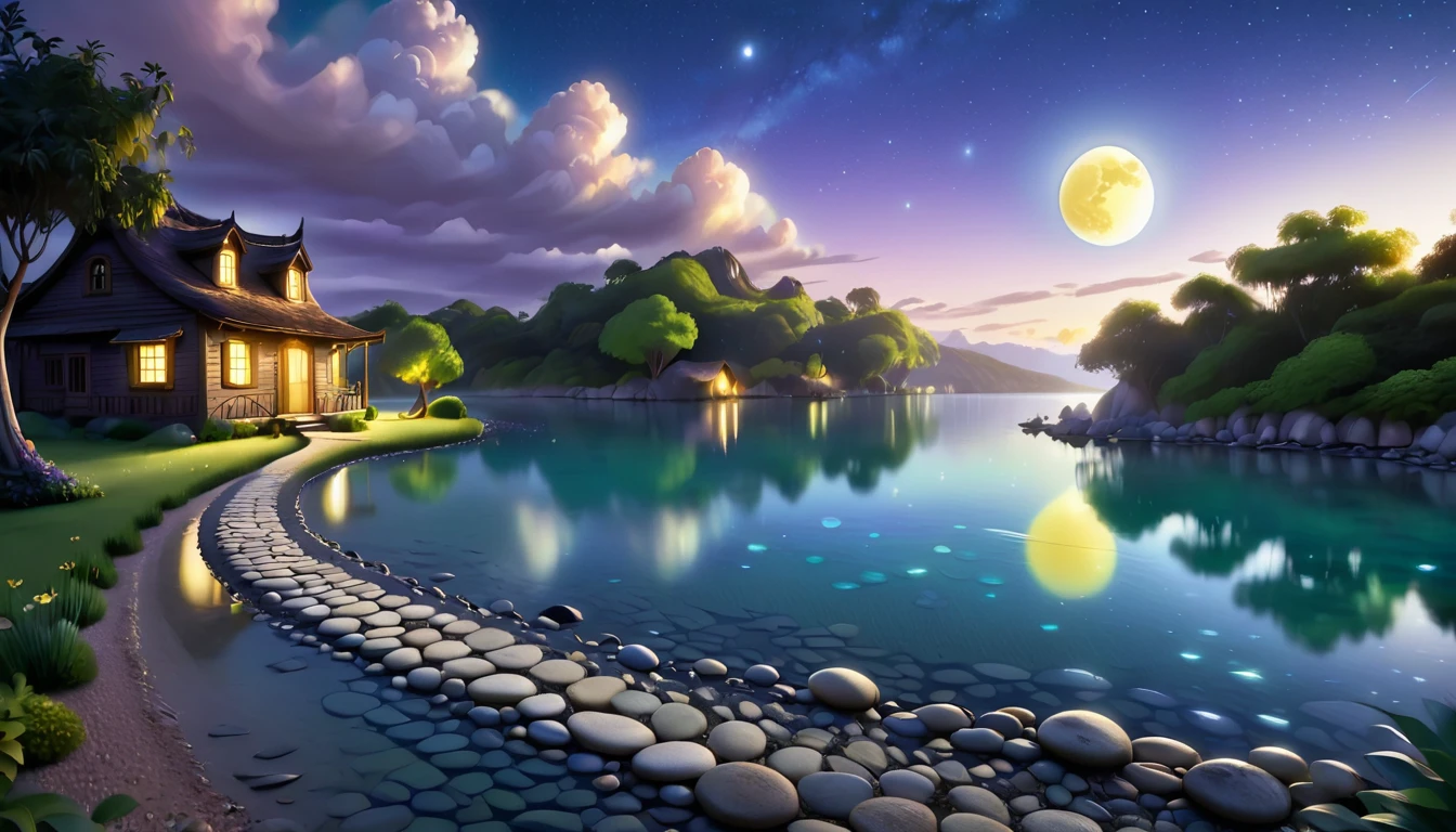 A beautiful calm and peaceful lagoon that reflects the brightness of the stars and moonlight, the stars and the moon have a yellow hue in a starry sky at the bottom of the lagoon cutting horizontally through the landscape we see a little road made of shiny pebbles that passes in front of the little house of a farm. disney pixar style