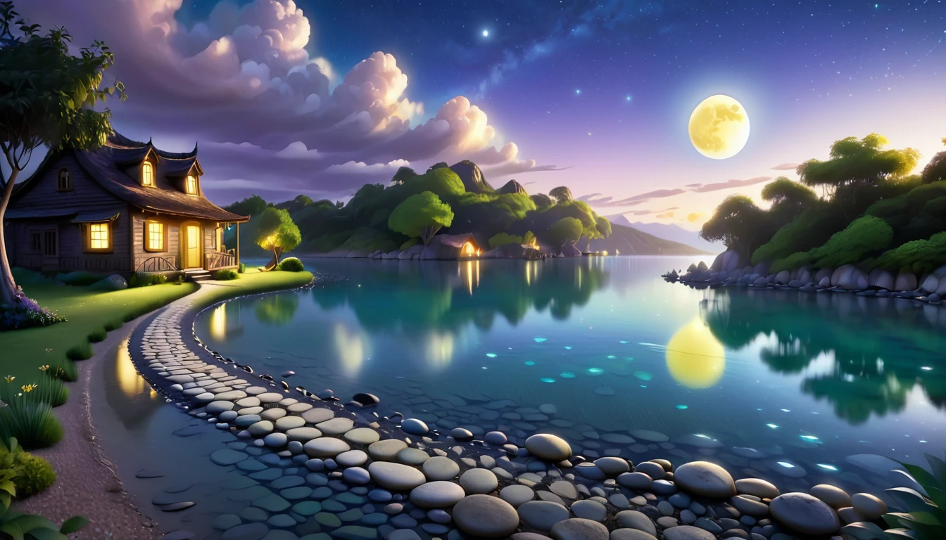 A beautiful calm and peaceful lagoon that reflects the brightness of the stars and moonlight, the stars and the moon have a yellow hue in a starry sky at the bottom of the lagoon cutting horizontally through the landscape we see a little road made of shiny pebbles that passes in front of the little house of a farm. disney pixar style