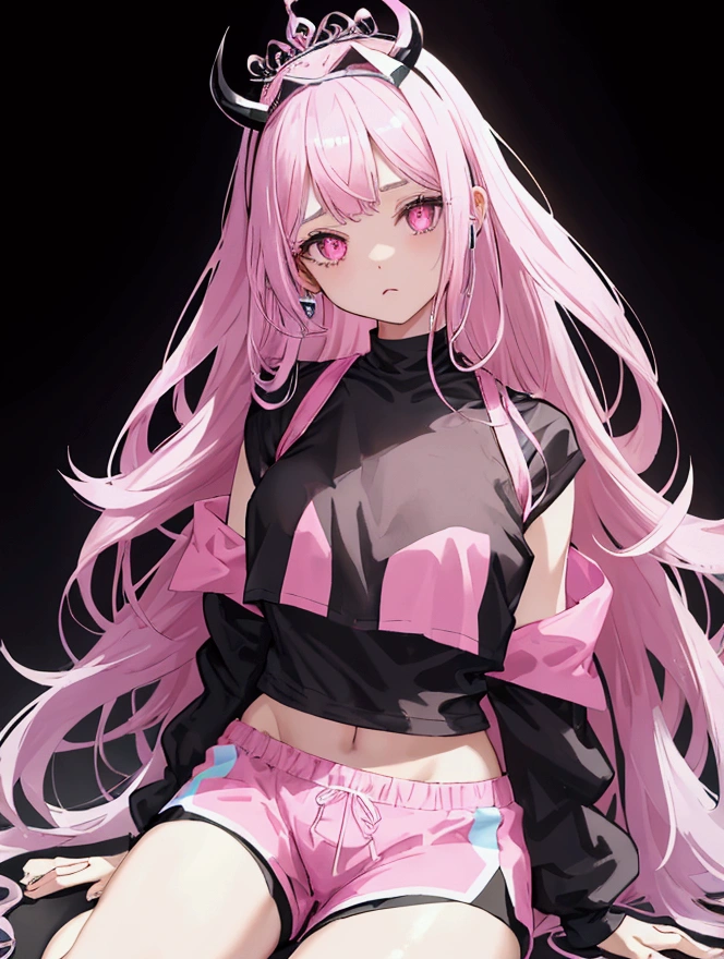 Girl in pink crop tops and underneath a black shirt with white sleeves, pink shorts and underneath black leggings, black hair with pink tips and some yellow and blue barrettes on the bangs, She wears a tiara on her head with black horns, pink gray eyes