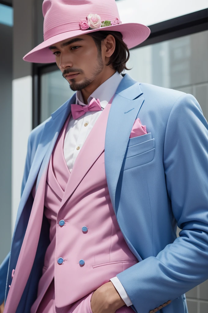 A man with a blue hat and a pink suit