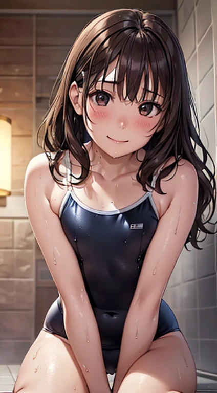 (Tabletop, Highest quality, High resolution, , Pixel perfect, 4K,), 1 girl, single, alone, Beautiful woman、I could see the whole body、 ((Wavy mid-length hair, bangs, Brown Hair)), ((Brown eyes, Beautiful eyelashes, Realistic eyes)), ((Detailed face, blush:1.2)), ((Smooth texture:0.75, Realistic texture:0.65, Realistic:1.1, Anime CG style)), Small chest, Dynamic Angle, Perfect body、look up、A shy smile、Angle from below、Shower room、Sitting on the floor、Wet swimsuit