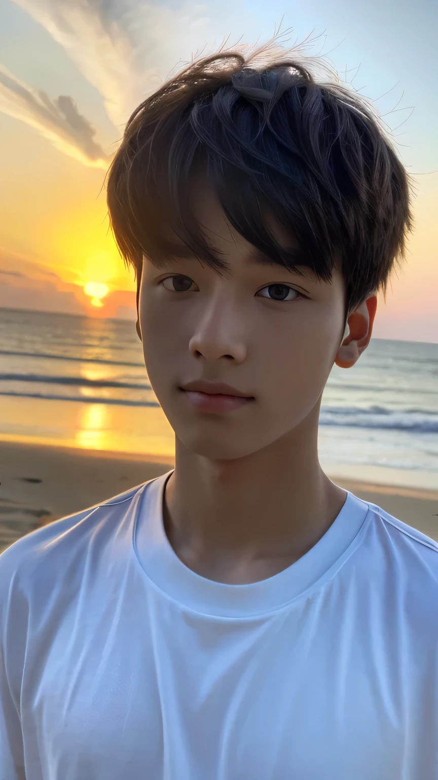Highest quality, masterpiece, Ultra-high resolution, (Realistic: 1.4), Original photo, wallpaper, Head Photo, skin, Simple Background, Iris, detailed, Selfie, 1 boy, 18-year-old, good looking, Wind,Sunset,Beach