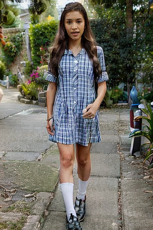 full body shot, feet in view, girl aged 20, long blonde hair, tbarshoes, blue and white checked school dress, white socks, standing in garden