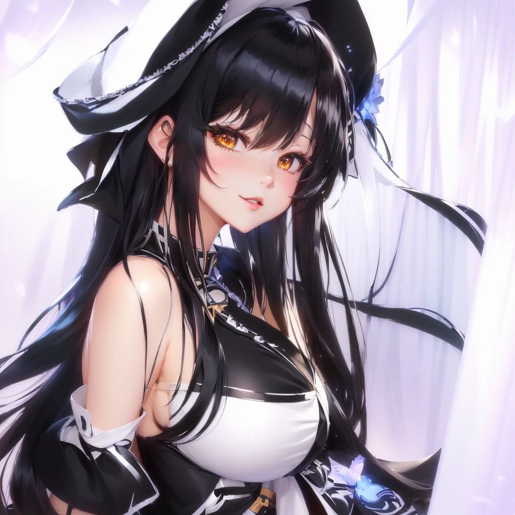 Anime girl with long black hair and a hat, From the Azur Lane video game, Ayaka Genshin Impact, Black-haired wizard, Enchanting anime girl, Azur Lane Style, Hestia, Best anime 4k konachan wallpaper, Azur Lane Characters, Anime Goddess, Beautiful and attractive anime woman, Smooth anime CG art, Anime Moe Art Style