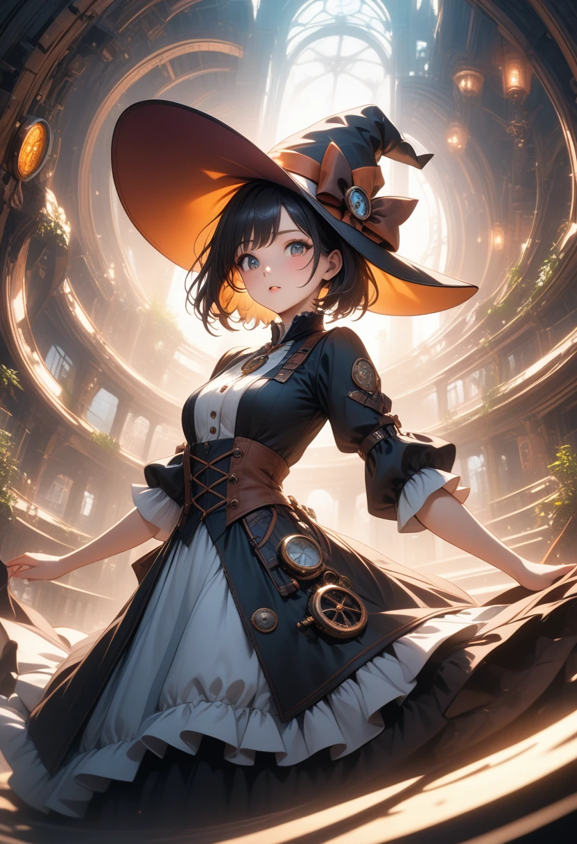 1girl, short hair girl, witch hat, gorgeous light and shadow, dress, Magical, Steampunk, ultra detailed background, illustration, vibrant colors, intricate details, 8k wallpaper, (Depth of field, cinematic angle, cinematic lighting:1.2), (masterpiece:1.2), (best quality:1.2), (very aesthetic:1.2), (absurdres:1.2), newest, intricate, ai-generated, Dynamic poses, sexy poses, (dutch angle), (Close-up), shiny and lustrous,
