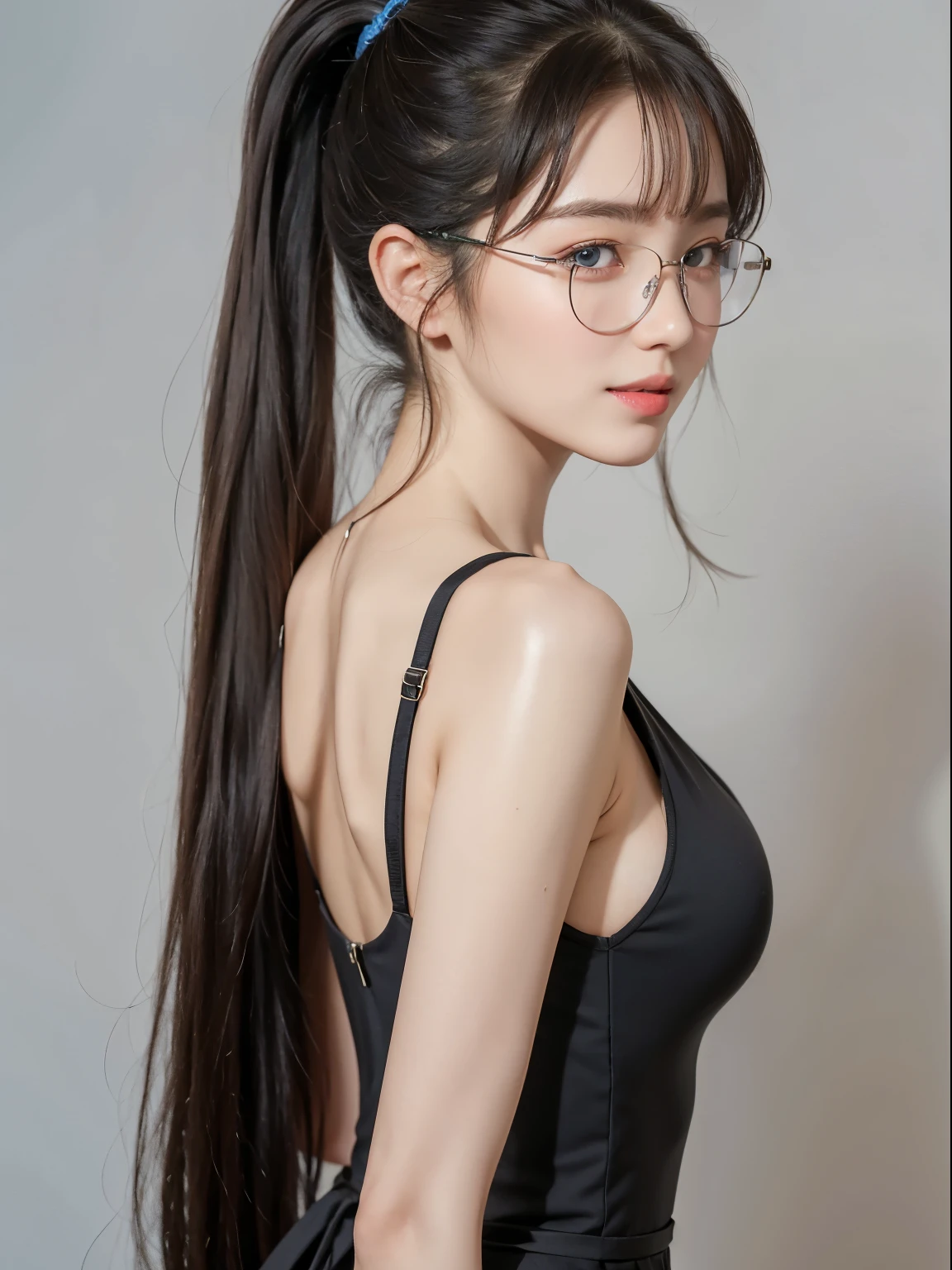 (Best quality, masterpiece, detailed), (RAW, 4k, hd images), shy, 1 girl, , white skin, long hair, ponytail, layers hair, bangs, black hair, beautiful girl, cute girl, sweet girl, pretty girl, perfect girl, pretty eyes, blue eyes, thin lips, thin, eye line, perfect round breast, glasses(detailed frame), simple background, smile, waist, thigh, black dress low back, back angle capture, half body, potrait, side breast,