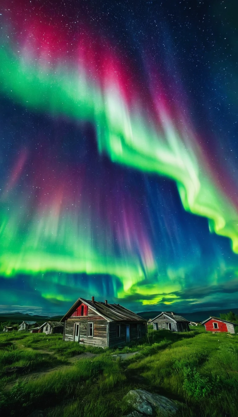 A small abandoned town under a sky full of intense green auroras, blue and red. The city's infrastructure is crumbling, with downed power lines and abandoned cars. The atmosphere is creepy and silent, except for the occasional crackle of electricity.