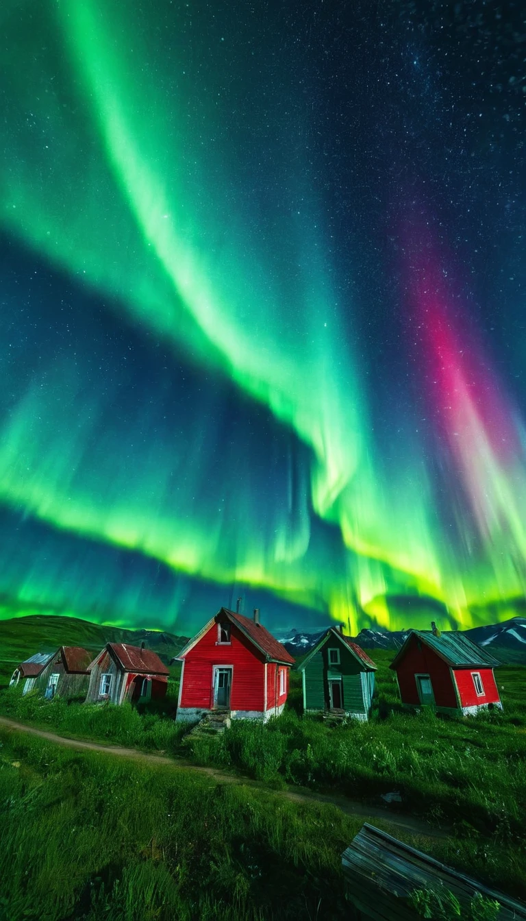 A small abandoned town under a sky full of intense green auroras, blue and red. The city&#39;s infrastructure is crumbling, with downed power lines and abandoned cars. The atmosphere is creepy and silent, except for the occasional crackle of electricity.