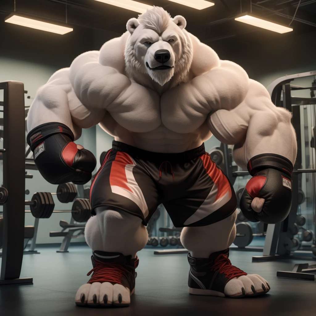 A huge muscular white polar bear, shirtless and topless, with short white hair, a white beard, and a white mustache, wearing black kickboxing shorts and black toeless footwear, with fingerless kickboxing fighting gloves, in a gym fitness center background, looking at the viewer and acting all champion, masterpiece, best quality, 8k, highres, photorealistic, studio lighting, extremely detailed, physically based rendering, vivid colors, correct anatomy