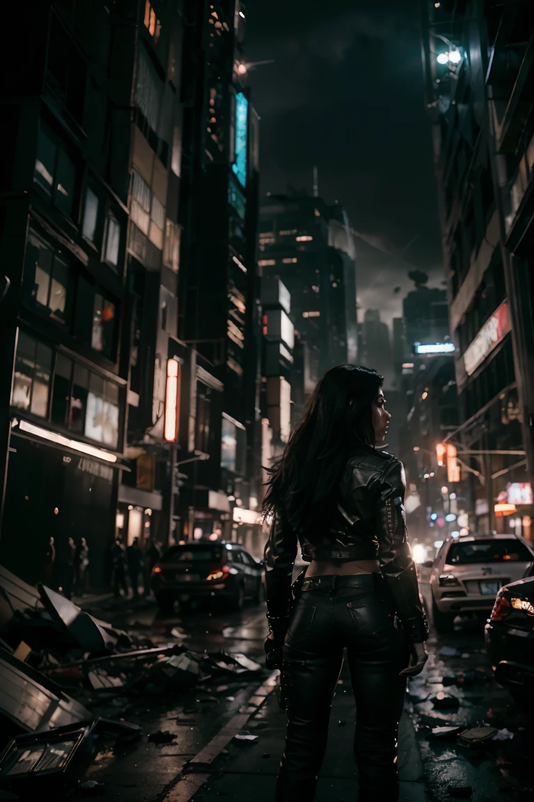 (Highest quality, Ultra HD, 16k, Masterpiece) A powerful girl walks confidently in front of her rugged, futuristic car amidst a chaotic and war-torn metropolis. The shot is a medium to long view, capturing her determined presence and the complete surroundings around her. She gazes ahead with a fierce, unyielding expression, embodying strength and resolve. She wears a fitted tshirt under a stylish jacket and jeans pants, her attire blending practicality with a touch of modern flair. The jacket is detailed with patches, straps, and utility pockets, enhancing her battle-ready appearance. Her hair is tousled and windswept, adding to her dynamic presence. The car behind her is a heavily modified, armored vehicle, its exterior scarred from countless battles. It stands as a testament to her resilience and resourcefulness, with various gadgets and weapons mounted on its frame. The car's sleek, yet rugged design complements the overall gritty atmosphere. In the background, the entire skyline of the metropolis is visible, partially obscured by smoke and ash. Skyscrapers tower amidst the chaos, many of them heavily damaged with gaping holes and crumbling facades. Explosions light up the scene, casting an eerie glow over the widespread destruction. Spaceships hover menacingly in the sky, engaged in fierce aerial battles, their sleek designs contrasting with the devastation below. The ground is littered with debris and remnants of destroyed structures, adding to the sense of a world torn apart by conflict. Scraps of metal, shattered glass, and remnants of vehicles are scattered across the landscape, emphasizing the scale of destruction. The lighting is dramatic, with sharp contrasts that highlight the textures of her attire and the metallic surface of her car. The interplay of light and shadow emphasizes the intense expression on her face and the chaos in the background. Hollywood action movie. Action film, ((tshirt))