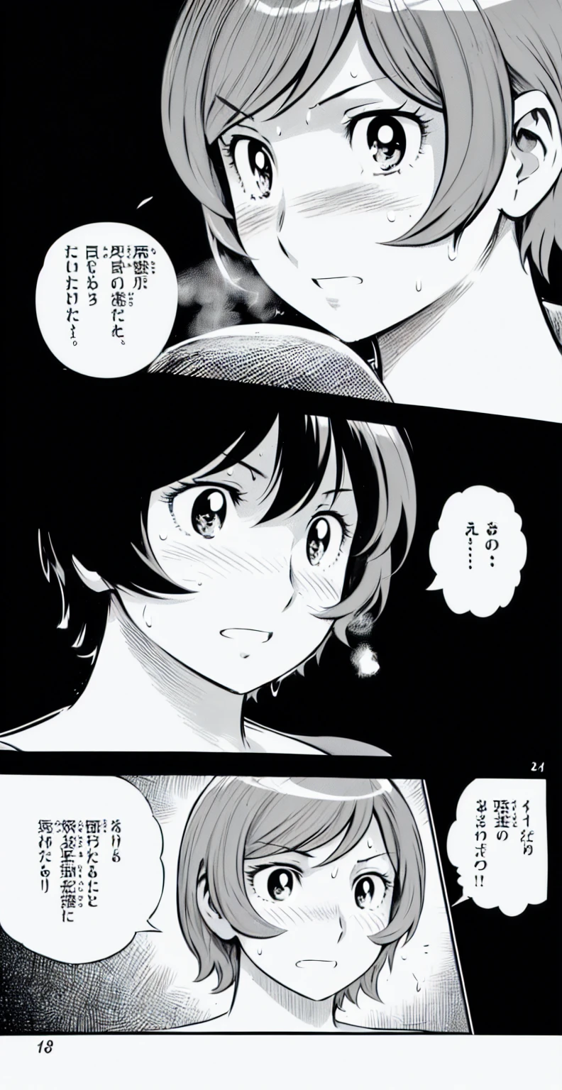 、(masterpiece、Highest quality)、Highest quality, Ultra-high resolution, (((masterpiece))), alone, Sweat、Big eyes, Composition from the front、Shortcuts、Embarrassed face、Blonde Hair、Short back hair、Monochrome、Pencil drawing、comics、Bathroom、Shower scene、 exposed、Completely naked、pubic hair、belly button、Large areola、Nipples、short hair