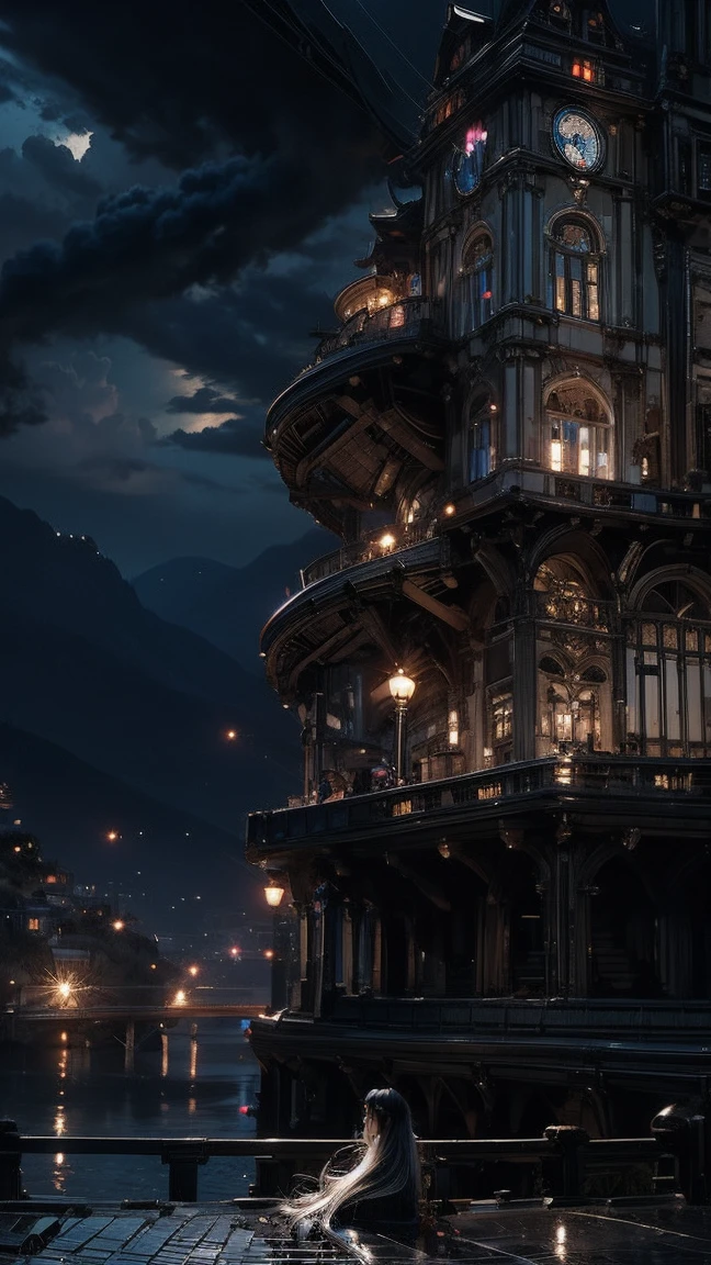 Masterpiece, best quality, extra detail, cute, dramatic, rainy, dark, ruins city, a girl, long silver straight hair, far angle
