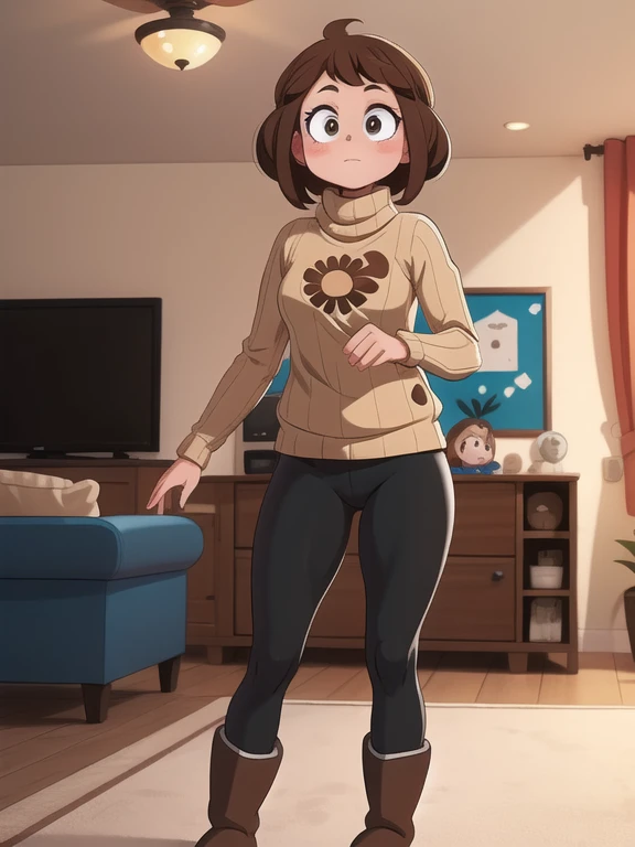  1girl, solo, Imagine Ochaco Uraraka being a 45 year old mother, MILF, brown hair, brown eyes, blush stickers, short hair, Mature Face, brown hair, brown eyes, blush stickers, short hair, medium breasts, curvy female, thick thighs, voluptuous female,((Wearing: red turtle-neck sweater, black leggings and ugg boots)), indoors, detailed background, living room, wide shot, (Standing:1.2)