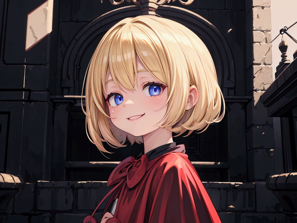 child masterpiece), best quality, high resolution blonde 1child bob cut medium hair standing alone profile image looking at viewer beautiful eyes beautiful face extremely detailed evil smile
