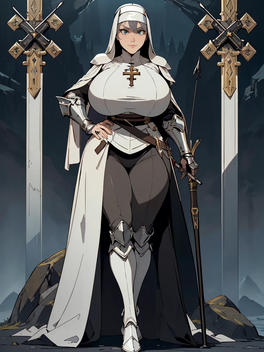 (masterpiece, top quality, best quality, official art, beautiful and aesthetic:1.2), (1girl:1.3), ((Sharp facial features, sharp features, hawkish features)), ((grey eyes)), busty paladin knight girl, extremely detailed, portrait, looking at viewer, solo, (full body:0.6), detailed background, full-body shot, (cold mountain nighttime glacier theme:1.1), holy knight, (nun), charlatan, smirk, mysterious, swaying in mountains, armor, polished metal, gold trim, long boots, white fabric, pelvic curtain, robe, pale leather, ((((armor, nun, crossbow, heavy armor, armored, long legs, robes, prayer scrolls, toned, muscular)))), slim waist, slim hips, long legs, medieval (mountain exterior:1.1) background, dark mysterious lighting, shadows, magical atmosphere, dutch angle