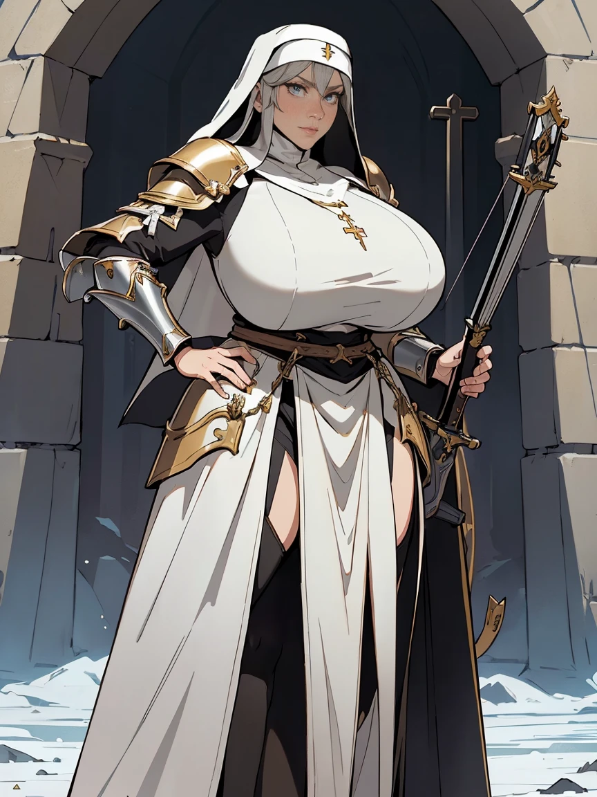 (masterpiece, top quality, best quality, official art, beautiful and aesthetic:1.2), (1girl:1.3), ((Sharp facial features, sharp features, hawkish features)), ((grey eyes)), busty paladin knight girl, extremely detailed, portrait, looking at viewer, solo, (full body:0.6), detailed background, full-body shot, (cold mountain nighttime glacier theme:1.1), holy knight, (nun), charlatan, smirk, mysterious, swaying in mountains, armor, polished metal, gold trim, long boots, white fabric, pelvic curtain, robe, pale leather, ((((armor, nun, crossbow, heavy armor, armored, long legs, robes, prayer scrolls, toned, muscular)))), slim waist, slim hips, long legs, medieval (mountain exterior:1.1) background, dark mysterious lighting, shadows, magical atmosphere, dutch angle