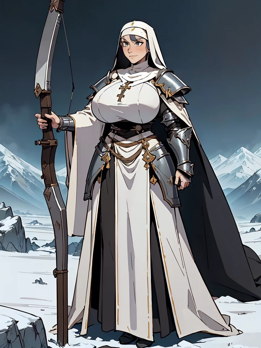 (masterpiece, top quality, best quality, official art, beautiful and aesthetic:1.2), (1girl:1.3), ((Sharp facial features, sharp features, hawkish features)), ((grey eyes)), busty paladin knight girl, extremely detailed, portrait, looking at viewer, solo, (full body:0.6), detailed background, full-body shot, (cold mountain nighttime glacier theme:1.1), holy knight, (nun), charlatan, smirk, mysterious, swaying in mountains, armor, polished metal, gold trim, long boots, white fabric, pelvic curtain, robe, pale leather, ((((armor, nun, crossbow, heavy armor, armored, long legs, robes, prayer scrolls, toned, muscular)))), slim waist, slim hips, long legs, medieval (mountain exterior:1.1) background, dark mysterious lighting, shadows, magical atmosphere, dutch angle