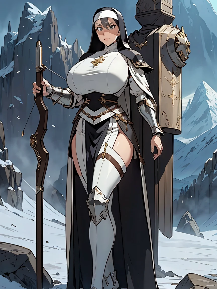 (masterpiece, top quality, best quality, official art, beautiful and aesthetic:1.2), (1girl:1.3), ((Sharp facial features, sharp features, hawkish features)), ((grey eyes)), busty paladin knight girl, extremely detailed, portrait, looking at viewer, solo, (full body:0.6), detailed background, full-body shot, (cold mountain nighttime glacier theme:1.1), holy knight, (nun), charlatan, smirk, mysterious, swaying in mountains, armor, polished metal, gold trim, long boots, white fabric, pelvic curtain, robe, pale leather, ((((armor, nun, crossbow, heavy armor, armored, long legs, robes, prayer scrolls, toned, muscular)))), slim waist, slim hips, long legs, medieval (mountain exterior:1.1) background, dark mysterious lighting, shadows, magical atmosphere, dutch angle