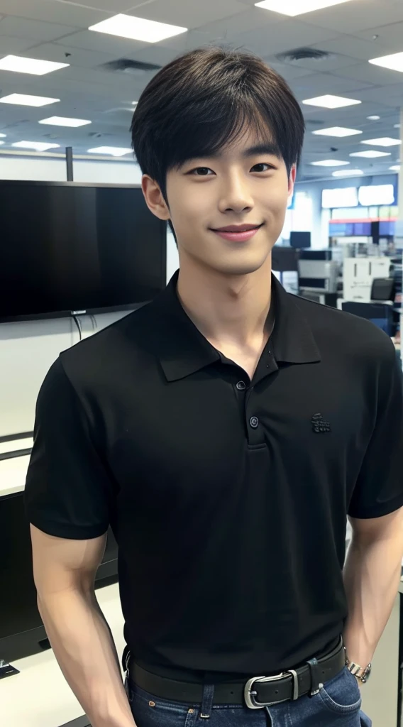 ((realistic daylight)) , (Korean guy in black polo shirt only) , Jeans, A handsome, muscular young Asian man looks at the camera. , In a computer shop ,turn sideways, smile