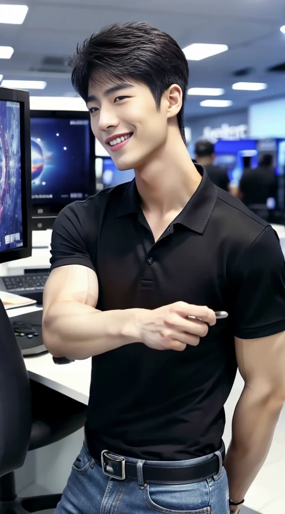 ((realistic daylight)) , (Korean guy in black polo shirt only) , Jeans, A handsome, muscular young Asian man looks at the camera.  , In a computer shop ,turn sideways, smile