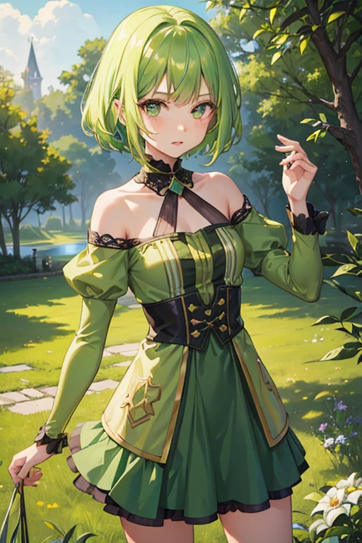 one girl, eladrin, , short green hair, short straight dress, mischievous, one green eye, one yellow eye