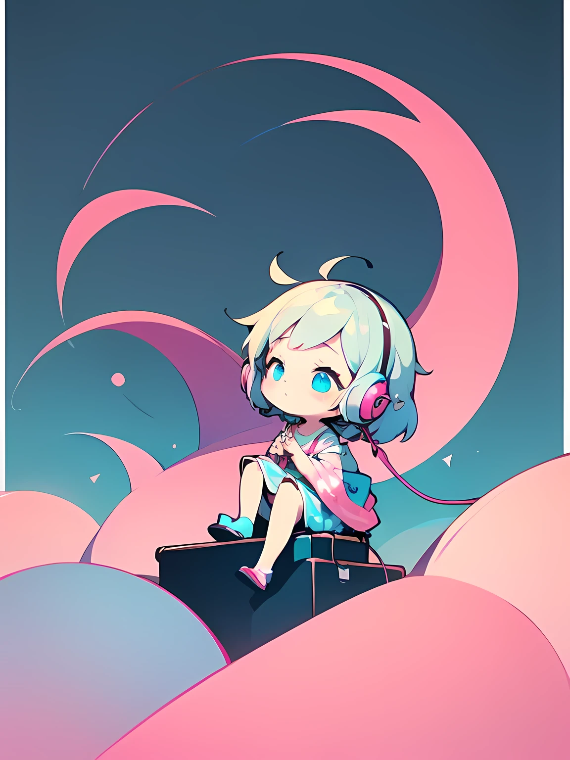 (Chibi Girl) (Simple Background) (Flat painting style) (cute) Girl enjoying music with headphones while sitting on a crescent moon.(The whole area is painted in pink and light blue..)