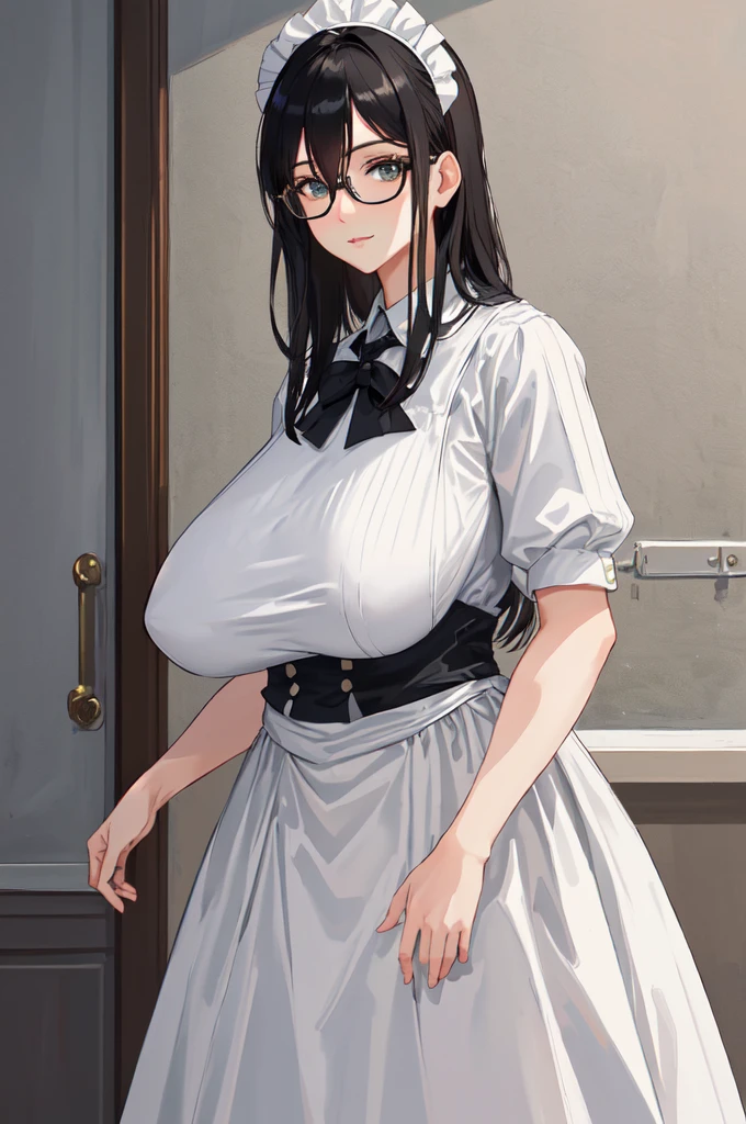 {{masterpiece}},high quality, 4K, 2D, 1 girl,{simple gray background},(attractive mature lady:1.6),milf,standing,sagging breasts,(gigantic breasts:1.5),maid,front face,{{tareme}},attractive mature lady,black hair, {from right in front of face and body},View viewers from front,{front facing shot},Wear glasses,(serious:0.1)