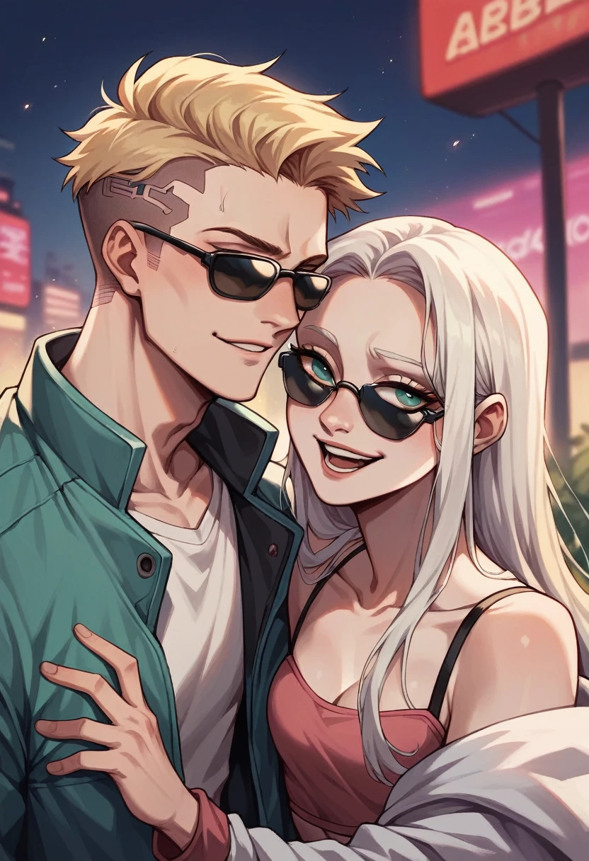 Boy with spiky white hair and blue eyes, wearing dark sunglasses, next to a girl with long blonde hair and green eyes, hugged, happy couple, with cyberpunk style park background