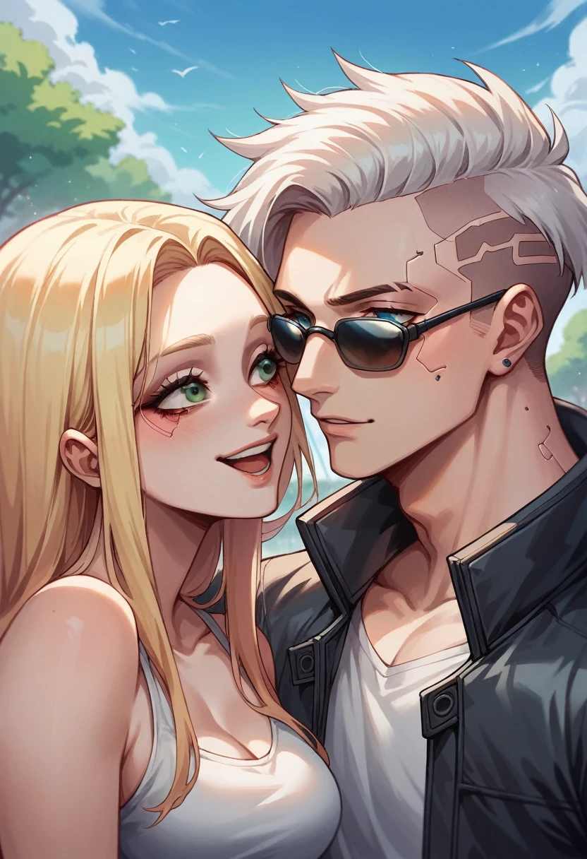Boy with spiky white hair and blue eyes, wearing dark sunglasses, next to a girl with long blonde hair and green eyes, hugged, happy couple, with cyberpunk style park background