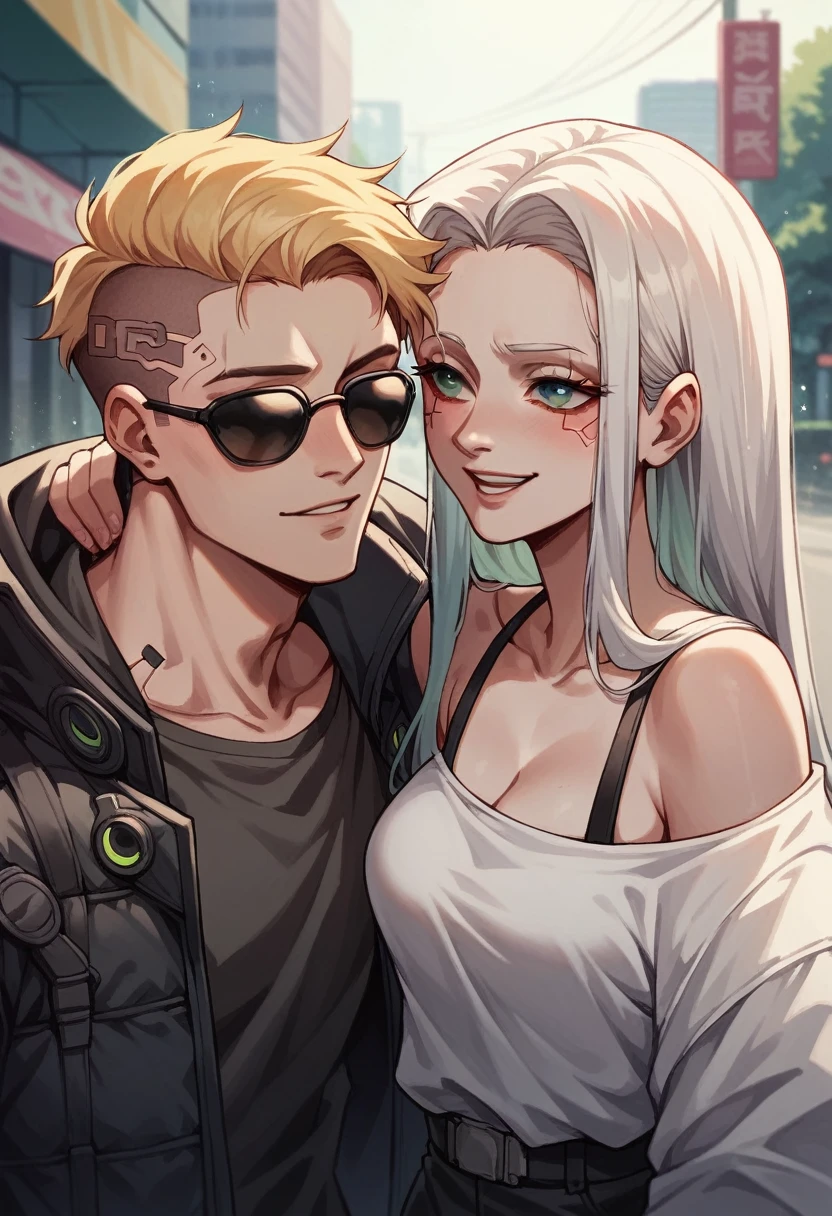 Boy with spiky white hair and blue eyes, wearing dark sunglasses, next to a girl with long blonde hair and green eyes, hugged, happy couple, with cyberpunk style park background