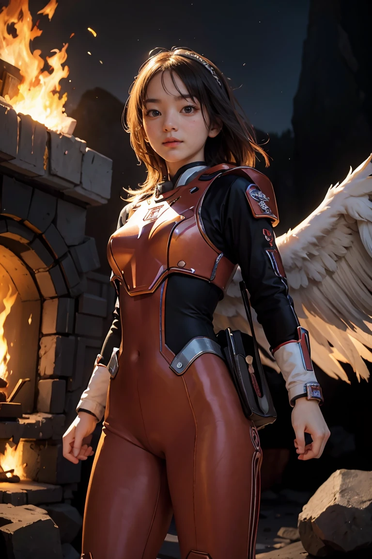 1girl, Absurd resolution, high resolution, (masterpiece: 1.4), hyper-detail, a mech, red armor with red wings, floating flight in the sky (1.8) background is wild, fire, full bodysuit,