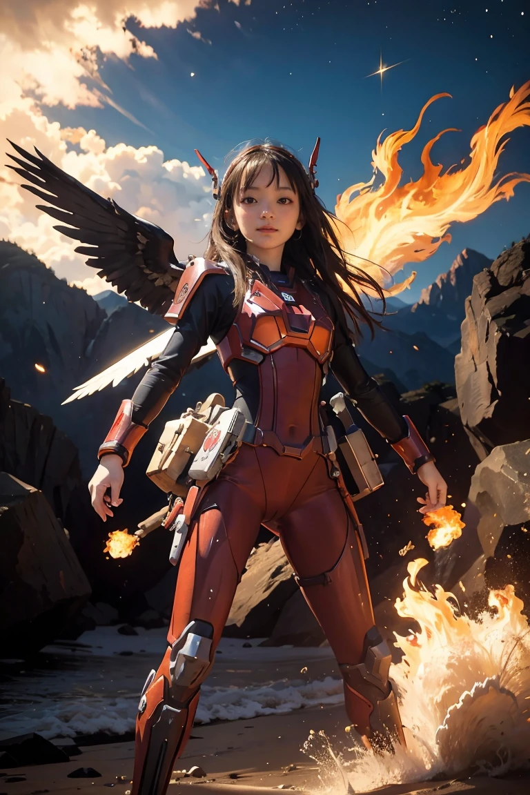 1girl, Absurd resolution, high resolution, (masterpiece: 1.4), hyper-detail, a mech, red armor with red wings, floating flight in the sky (1.8) background is wild, fire, full bodysuit,